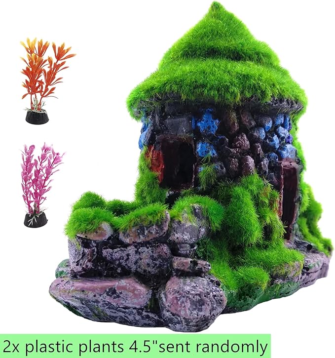 M2cbridge Aquarium Decorations Fish Hideout House Betta Cave with Green Lifelike Moss (Style 1)