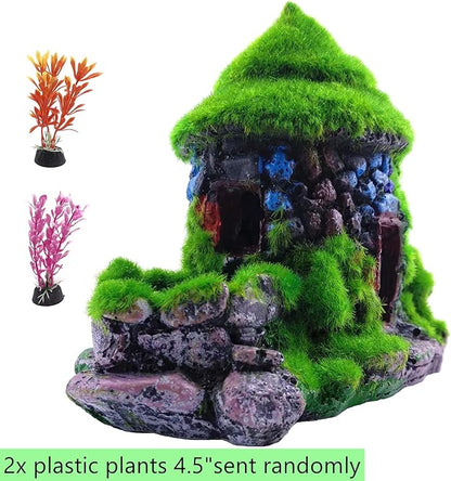 M2cbridge Aquarium Decorations Fish Hideout House Betta Cave with Green Lifelike Moss (Style 1)