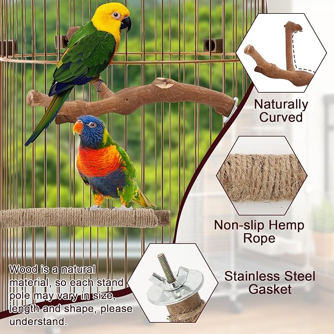 Bird Ladder Perches for Cage, Pole Standing Natural Wood Birds Perch Set, Climbing Chewing Toys, Paw Grinding Fork Parrot Cage Branch with Rope for Macaw Budgie Lovebirds