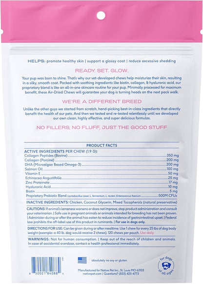 Native Pet Omega Skin and Coat Chews for Dogs - Dog Skin and Coat Supplement for Healthy, Shiny Fur, Reduce Shedding and Dry Spots - Made with Omega 3 Fish Oil and Wild-Caught Salmon Oil - 120 Chews