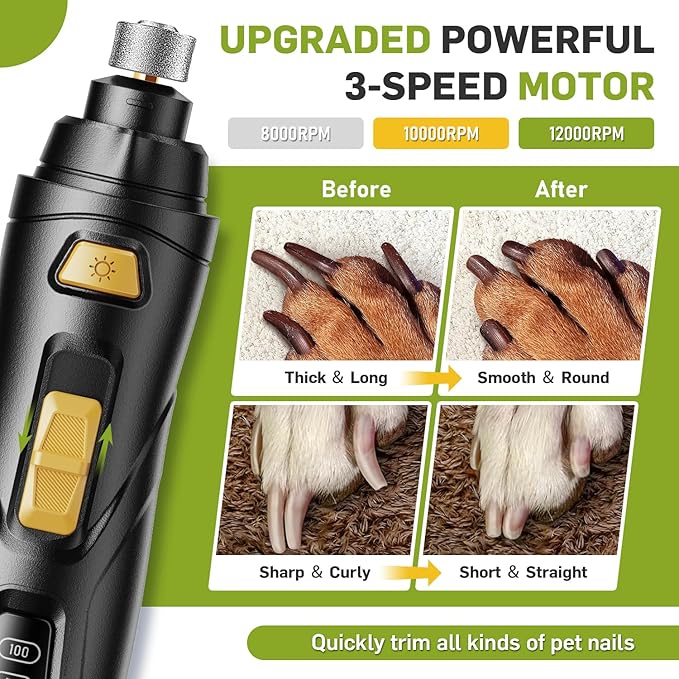 Dog Nail Grinder Super Quiet Dog Nail Trimmers 3 Grinding Wheels 3 Speed Rechargeable Pet Nail Grinder LED Display Dog Nail Clippers Kit for Large Medium Small Dogs Cats Dog Nail File Toenail Clippers