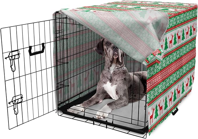 Ambesonne Christmas Dog Crate Cover, Knit Style Graphic Reindeer Star and Snowflake Holiday Family Theme, Easy to Use Pet Kennel Cover for Medium Large Dogs, 48 Inch, White Green