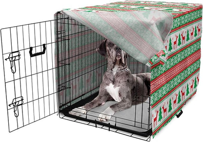 Ambesonne Christmas Dog Crate Cover, Knit Style Graphic Reindeer Star and Snowflake Holiday Family Theme, Easy to Use Pet Kennel Cover for Medium Large Dogs, 48 Inch, White Green