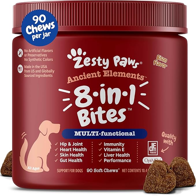 Zesty Paws Dog Multivitamin, Chewable Dog Vitamins and Supplements for Hip & Joints, Skin & Coat, Omega 3 Fish Oil for Dogs- Senior & Puppy Multivitamin - Bison- 90ct