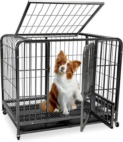 37Inch Indestructible Metal Dog Crates for Small/Medium Dogs, Heavy Duty Escape Proof Dog Kennel Indoor with Lockable Wheels, Dog Crate 37" L x 25.2" W x 33" H