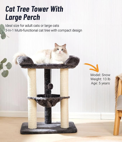 Happi N Pets 28" Cat Tree Tower for Indoor Cats, Tall Cat Scratching Post with Large Bed for Maine Coon Big Cats, Sisal Cat Scratcher with Soft Perch & Hammock, Stable Cat Stand, Removable Cover-Gray