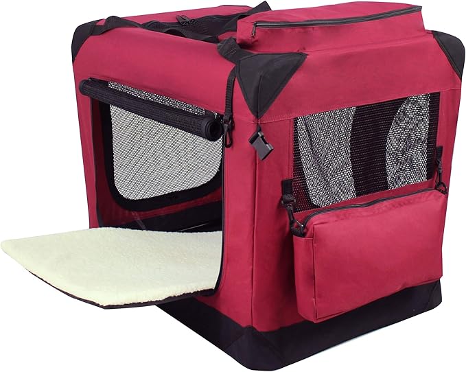 EliteField 3-Door Folding Soft Dog Crate with Carrying Bag and Fleece Bed (2 Year Warranty), Indoor & Outdoor Pet Home (42" L x 28" W x 32" H, Maroon)