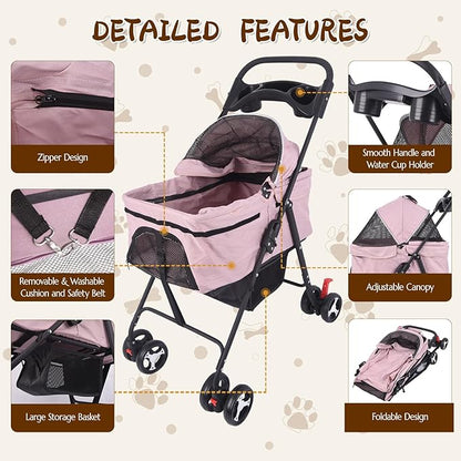 3 in 1 Dog Stroller, 4 Wheels Pet Stroller Dog Cat Stroller for Medium Small Dog Cats Up to 50lbs, Foldable Carrier Jogger Travel Puppy Stroller with Cup Holder & Breathable Mesh, Pink