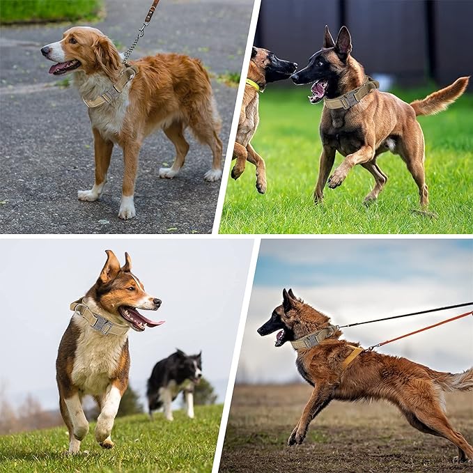 KCUCOP Tactical Dog Collar, Heavy Duty Dog Collar with Handle and Metal Buckle, Military Thick Dog Collars for Medium and Large Dogs(Brown-XL-Reflective, 1 Patch)