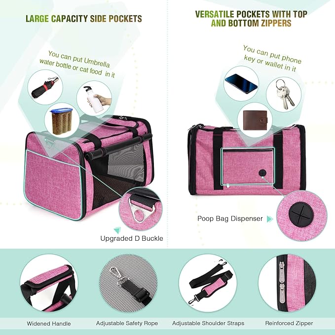 YUDODO 25 lbs Lightproof Pet Carriers Airline Approved Dog Cat Travel Soft Sided Carrier Reflective Mesh Safe Pet Cat Carrier Foldable Portable Small Animal Rabbit Puppy Cat Carrier Pink