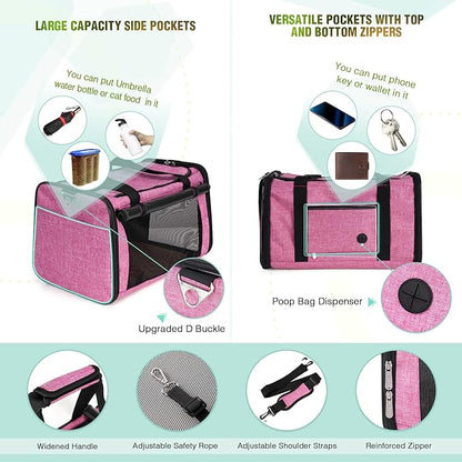 YUDODO 25 lbs Lightproof Pet Carriers Airline Approved Dog Cat Travel Soft Sided Carrier Reflective Mesh Safe Pet Cat Carrier Foldable Portable Small Animal Rabbit Puppy Cat Carrier Pink