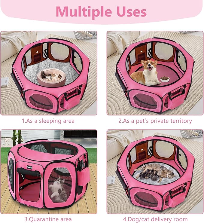 Dog Playpen, Cat Dog Crate Portable Pet Exercise Cage Kennel House Puppy Playpen Animal Playpen Indoor/Outdoor, Water-Resistant Kennel Tent with Traveling Bag (Pink, Large)