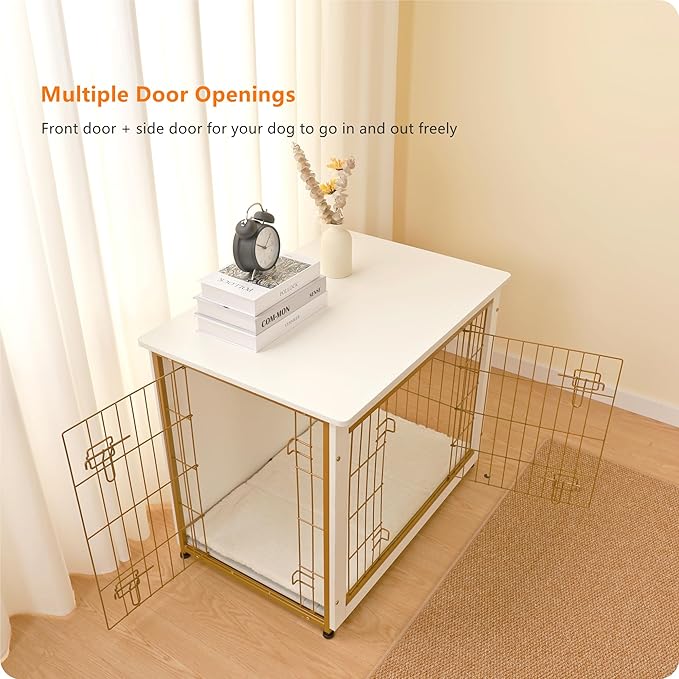 DWANTON Dog Crate Furniture with Cushion, Wooden Dog Crate Table, Double Doors Dog Furniture, Indoor Dog Kennel, Dog House, Dog Cage Medium, 32.5" L, White