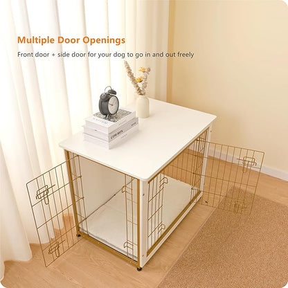 DWANTON Dog Crate Furniture with Cushion, Wooden Dog Crate Table, Double Doors Dog Furniture, Indoor Dog Kennel, Dog House, Dog Cage Medium, 32.5" L, White