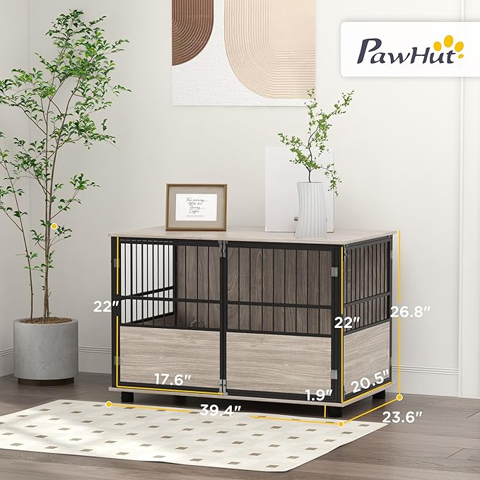 PawHut 39.5" Dog Crate Furniture End Table, Wooden Dog Kennel Indoor Pet House with 3 Doors, for Small to Large Dogs