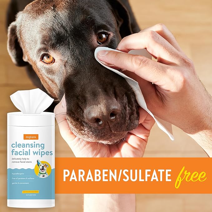 Cleansing Facial Wipes for Pets | Convenient Face Cleaning Wipes (60 Count) for Dogs and Cats | Hypoallergenic, Fragrance-Free, Remove Eye Discharge and Tear Stains