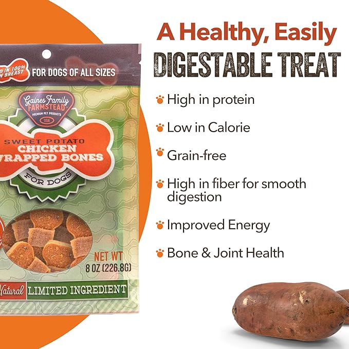 Gaines Family Farmstead Sweet Potato Chicken Wrapped Dog Bones, All Natural, Grain Free, Dog Treats for All Ages & Breeds, Great for Training and Rewards, Made in USA, 8 Ounce Bag