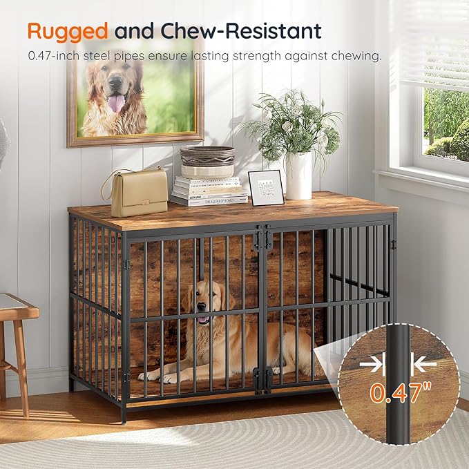 HOOBRO 46.5" Large Dog Crate Furniture, Wooden Dog Kennel Indoor, Chew-Resistant Heavy Duty Dog Cage for Large/Medium Dog, Decorative Side End Table, Rustic Brown and Black BF120GW03