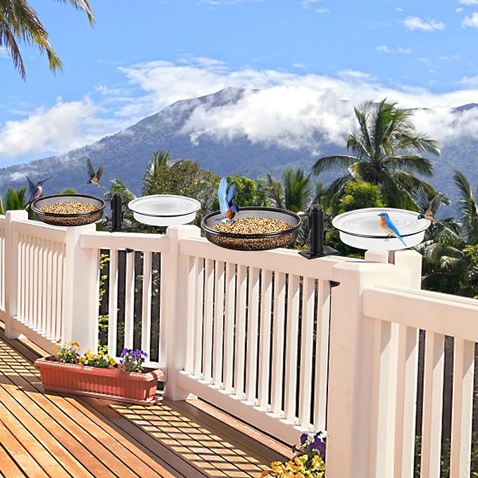 Deck Bird Feeders with Metal Mesh Tray and 2 Water Bowls - Detachable Adjustable Heavy Duty Clamp Bracket, Rail Bird Bath Balcony Porch Railing Feeder Perfect for Attracting Birds.