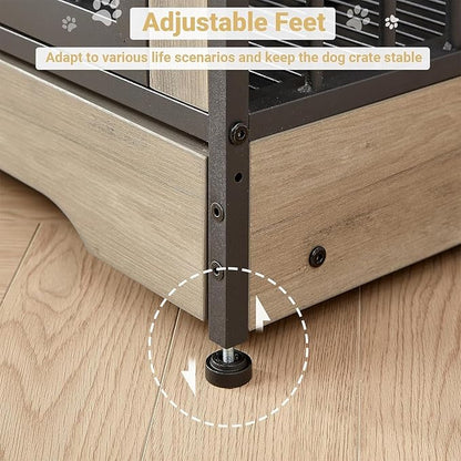 Rovibek 75'' Double Dog Crate Furniture for 2 Large Dogs, Heavy Duty Furniture Style Dog Crates End Table, Wood Crates for Dogs Kennel Indoor with Double Door, Grey