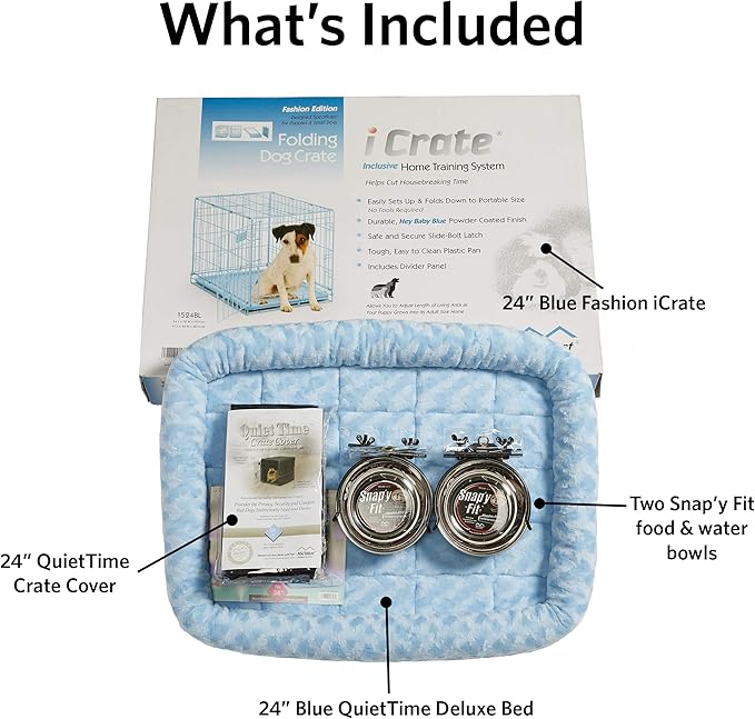 MidWest Homes for Pets iCrate Dog Crate Starter Kit | 24-Inch Dog Crate Kit Ideal for Small Dog Breeds (Weighing 13-25 Pounds) || Includes Dog Crate, Pet Bed, 2 Dog Bowls & Dog Crate Cover (Blue)