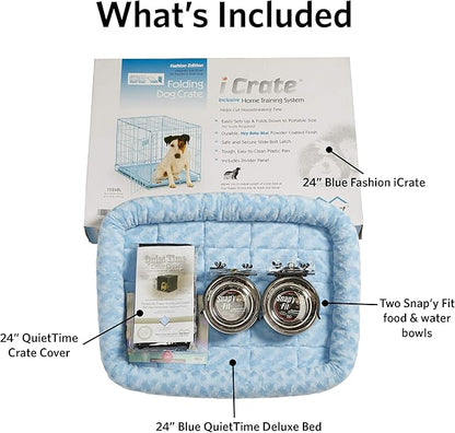 MidWest Homes for Pets iCrate Dog Crate Starter Kit | 24-Inch Dog Crate Kit Ideal for Small Dog Breeds (Weighing 13-25 Pounds) || Includes Dog Crate, Pet Bed, 2 Dog Bowls & Dog Crate Cover (Blue)