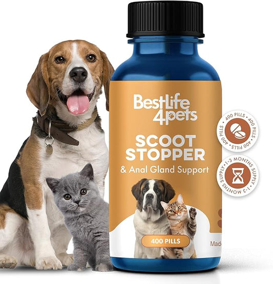 Scoot Stopper for Dogs & Cats – Natural Anal Gland & Digestive Support Supplement for Scooting, Stool Consistency, Constipation, Indoor Accidents & Difficult Pooping – 400 Odorless Pills