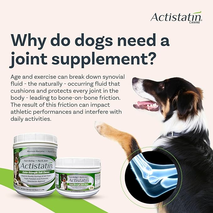 Actistatin Canine Large Dog Soft Chews, 60ct  Patented Extra-Strength Joint, Cartilage, Soft Tissue Supplement: Glucosamine, Chondroitin, Manganese, MSM, L-Carnitine  High Absorption, Fast Results
