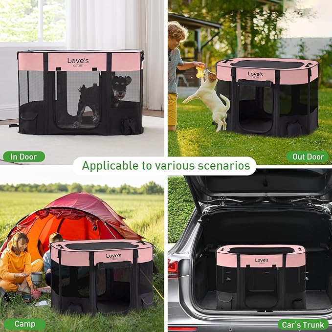 Love's cabin Pet Puppy Dog Playpen, Small Dog Tent Crates Cage Indoor/Outdoor, Portable Exercise Playpen for Cat, Foldable Pop Up Dog Kennel Playpen with Carring Case (S, Pink)