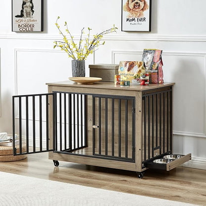 Dog Crate Furniture, Dog House Indoor with Feeding Bowl and Wheels, Wood Dog Crate Dog Kennels Decorative Dog Crate for Small Medium Dogs Grey 38.58" W x 25.2" D x 27.17" H One Size