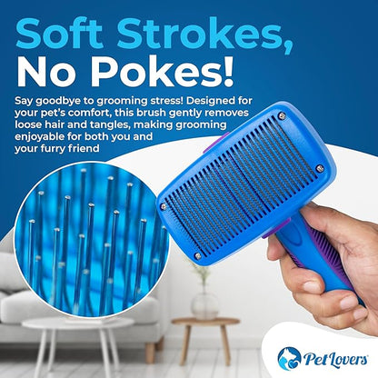 PetLovers EzSlicker Self-Cleaning Brush - Dog Brush for Shedding, Gentle Slicker Brush for Cats, Tangle-Free Grooming Comb with Soft Bristles & Ergonomic Handle for Stress-Free Grooming
