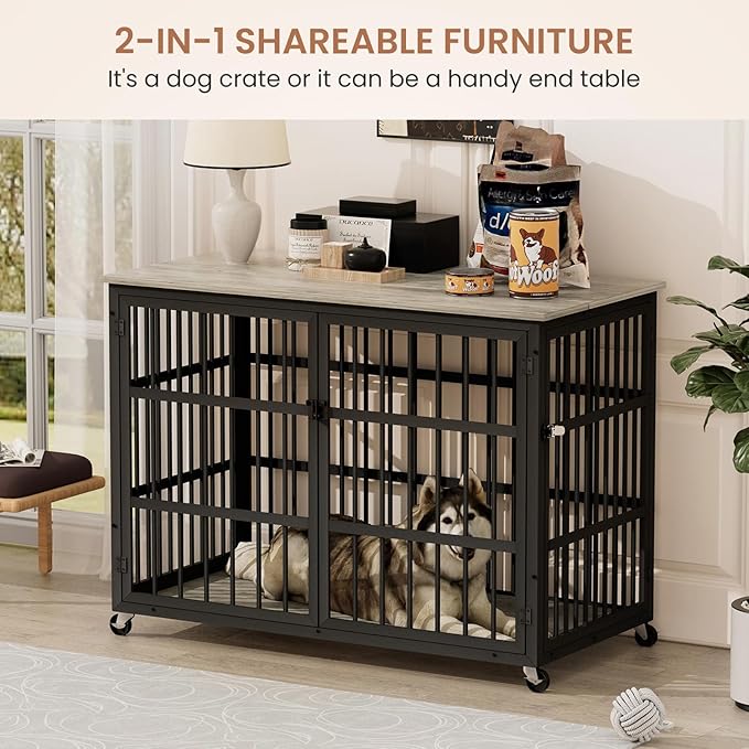 NicBex Dog Crate Furniture Dog Cage with Side Doors Opening, Dog Kennels for Inside Space, Wooden Dog Crate with Iron Doors and Lift Top for Medium and Small Dogs, Grey