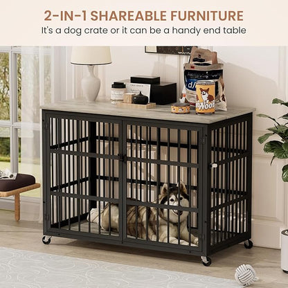 NicBex Dog Crate Furniture Dog Cage with Side Doors Opening, Dog Kennels for Inside Space, Wooden Dog Crate with Iron Doors and Lift Top for Medium and Small Dogs, Grey