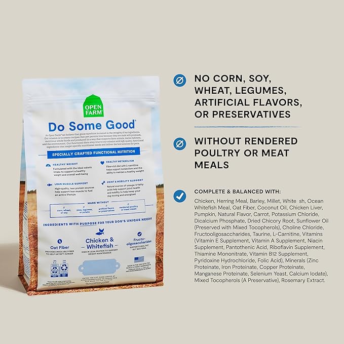 Open Farm, Healthy Weight Dog Food, Veterinarian Formulated High-Protein & Low-Calorie Dry Dog Food for Weight Management, Supports Metabolism & Mobility, Chicken & Whitefish Recipe, 4lb Bag