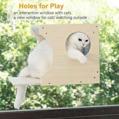 Window Cat Perch Shelves for Inside, Sturdy Wood Climbing Seat Mounted with Heavy Duty Suction Cups, Corner Window Bed for Overlooking and Sleeping(Left)