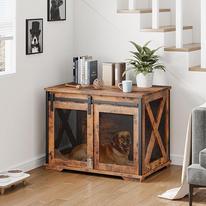 GAOMON Sliding Doors Dog Crate Furnitureï¼_ndoor Wooden Dog Crate Furniture with End Table and Flip-top Plateï¼_etachable Divider for Dog Kennel,Dog House, Rustic Brown