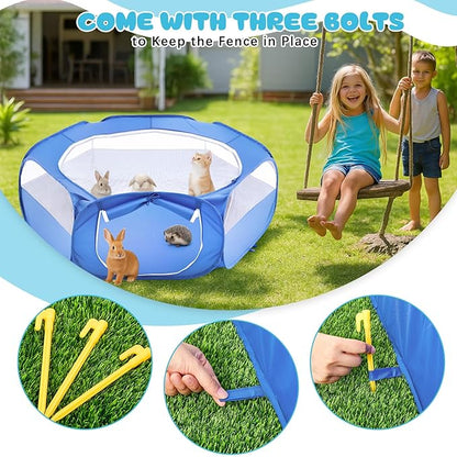 16 Pcs Rabbit Playpen Starter Kit, 47.2" x 47.2" x 15" Waterproof Cage Tent with Ground Nails, Storage Bag, Food Water Bowls, Grooming Tools, Grass Rugs for Bunny, Guinea Pigs, Small Animals
