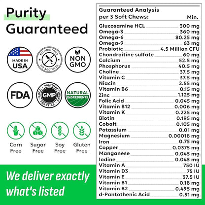 BARK&SPARK Dog Vitamins & Supplements - Multivitamin Chewable Treats for Dogs - Glucosamine Chondroitin for Joint Support + Omega for Skin & Coat + Probiotics - Multi Vitamin for Pets Health - 60Ct