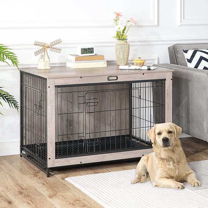 HOOBRO Dog Crate Furniture, 38.6" Large Dog Kennel Indoor, Wooden Dog Crate with Pull-Out Tray, Double Doors Dog House, Modern Side End Table for Small/Medium/Large Dog, Greige BG982GW03