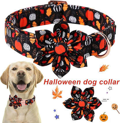 ARING PET Halloween Dog Collar-Cotton Black Pumpkin Dog Collar with Flower, Adjustable Fall Leaves Dog Collars Pet Necklace with Metal Buckle for Girl&Boy Dogs