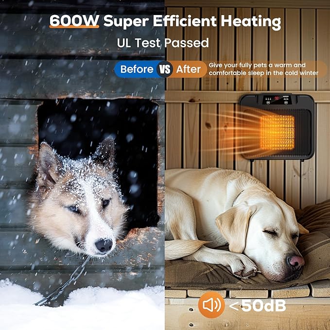 600W Dog House Heater, Pet House Heater w Timer Setting (2 4 8 H) Dog Heater for Outside Winter, Electric Heater for Livestock Kennel Cat Cage Chicken Coop Winter- Only 2 Mode 300-600W