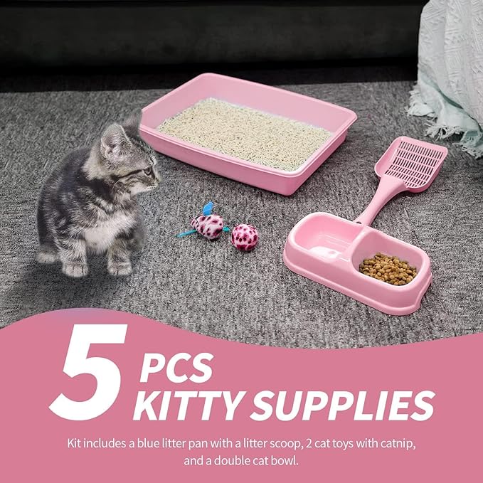 PAWISE Small Cat Litter Box, Kitten Litter Box Starter Kit, Low Entry Baby Kitten Training Litter Box with Scoop, Bowls,Cat Mouse Toy and Cat Ball Toy,First Catty Owner Essentials(Pink)