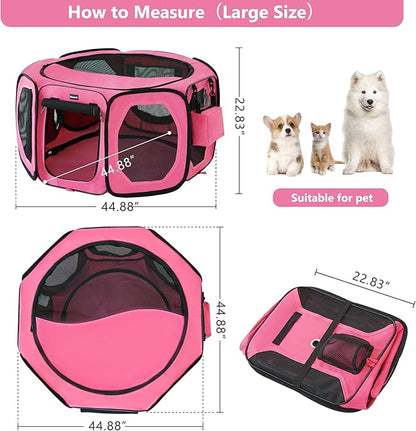 Dog Playpen, Cat Dog Crate Portable Pet Exercise Cage Kennel House Puppy Playpen Animal Playpen Indoor/Outdoor, Water-Resistant Kennel Tent with Traveling Bag (Pink, Large)