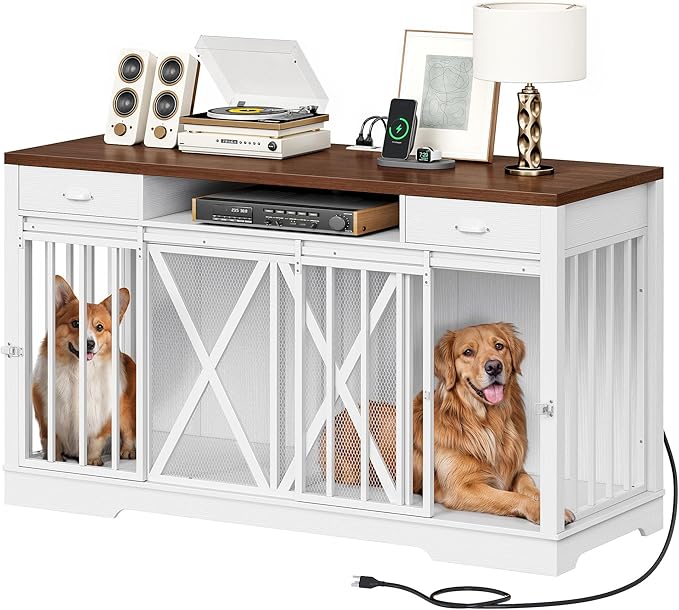 DWVO 63 Inch Double Dog Crate Furniture for 2 Dogs, Heavy Duty Wooden Dog Crate TV Stand with Charging Station, Dog Kennel Indoor Furniture Double Sliding Barn Door Design Ideal for 2 Dogs, White