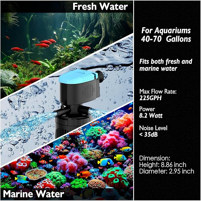 AquaMiracle Submersible Aquarium Filter 3-Stage in-Tank Filter with Dual Water Outlet & Aeration, Water Flow Adjustable 225GPH Internal Fish Tank Filter for 20-70 Gallon Aquariums
