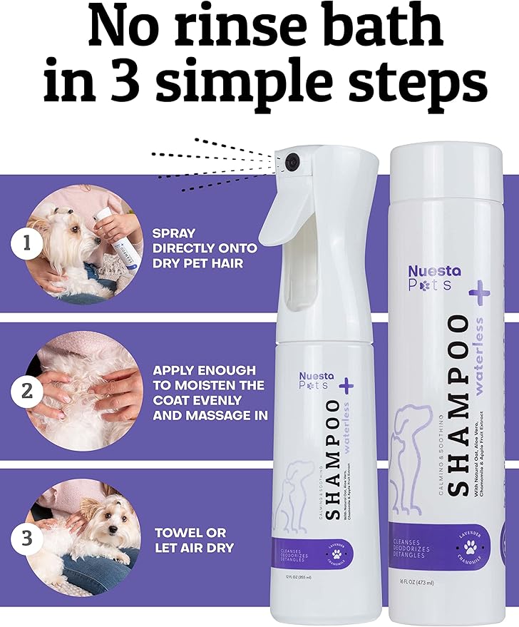 Pets Hypoallergenic Waterless Shampoo | Lavender & Chamomile Formula for Dogs w/ Sensitive Skin | Easy Use 4-n-1 No-Rinse Pet Shampoo, Moisturizer, Conditioner, Deodorizer | Rinse Free Dog Bath