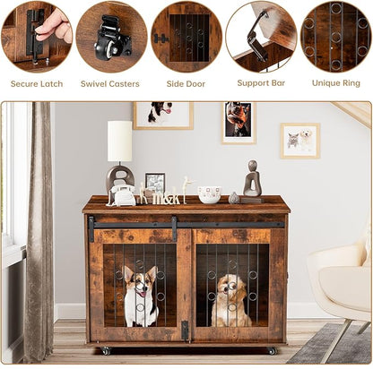 2 Rooms Dog Crate Furniture with Movable Divider,39" Wooden Dog Crate Table,Wooden Dog Kennel Pet House Cage,Flip Top 39.37_x25.2_x28.94_