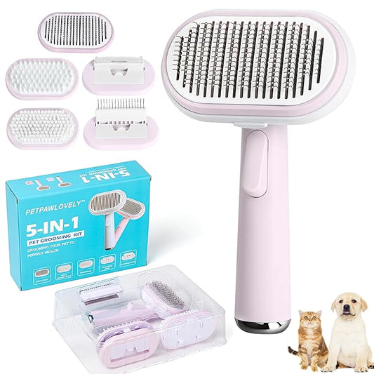 5 IN 1 Pet Grooming Kit,Dog&Cat Self Cleaning Slicker Brush for Shedding.Dematting&Deshedding&Undercoat Dog Brush,Dog Hair Brush,Suitable for Small&Large,Long&Short Haired Pets.(Pink)
