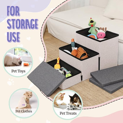 downluxe Dog Stairs for Small Dogs, Foldable Dog Steps for Bed, Sofa and Chair, Non-Slip Pet Steps with Cat Scratcher and Condo (3-Step Pet Stairs, Grey-Beige)