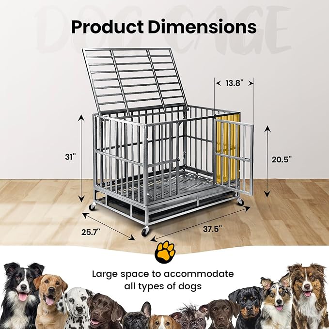 38 inch Heavy Duty Indestructible Dog Crate,2025 New Upgraded Reinforced Baseplate for Large Dogs,XL Dog Crate for High Anxiety Dogs/Max Load Capacity 200lbs/Double Door with Wheelsï¼_ilverï¼